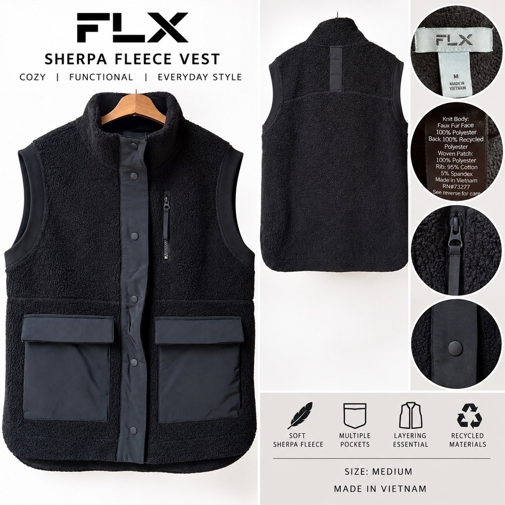 FLX Mens Sherpa Fleece Vest Black Mock Neck Full Zip Pockets Size M